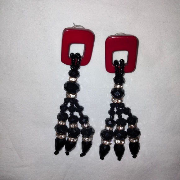 Iris Apfel & Bajalia Black, Red & Clear Rhinestone Tasseled Statement Earrings - Picture 3 of 11